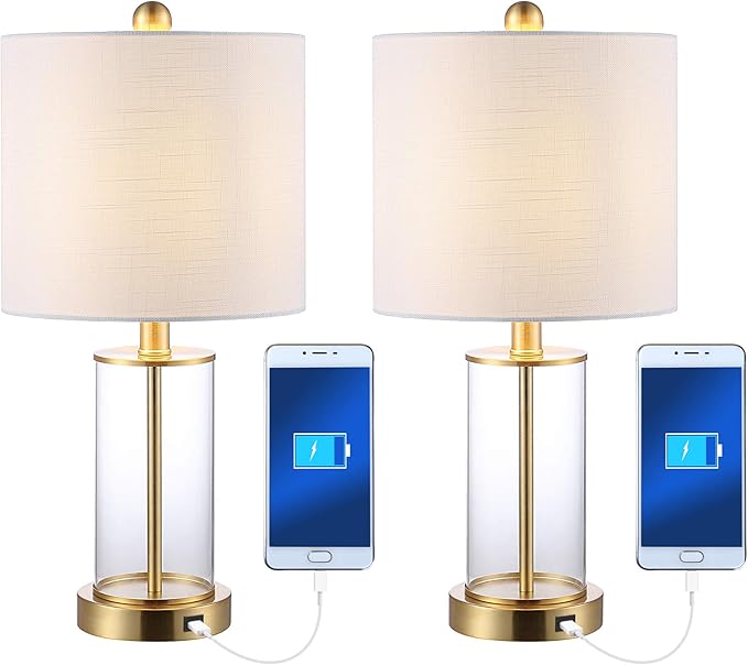 JONATHAN Y 21" Brass Gold Modern Glass Table Lamp Set of 2, Bedside Nightstand Lamps with USB Charging Port, White Linen Shade, LED Bulbs Included (JYL8500B-SET2)