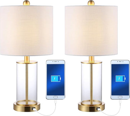 JONATHAN Y 21" Brass Gold Modern Glass Table Lamp Set of 2, Bedside Nightstand Lamps with USB Charging Port, White Linen Shade, LED Bulbs Included (JYL8500B-SET2)