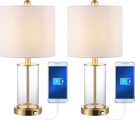 JONATHAN Y 21" Brass Gold Modern Glass Table Lamp Set of 2, Bedside Nightstand Lamps with USB Charging Port, White Linen Shade, LED Bulbs Included (JYL8500B-SET2)