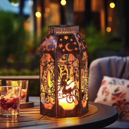 Solar Lanterns Outdoor Hanging Metal Bronze Moon Fairy Lantern, 1 Pack Waterproof Flickering Flameless Candle Mission Lights for Table,Pathway,Garden Gifts for Women, Mothers' Day Gift