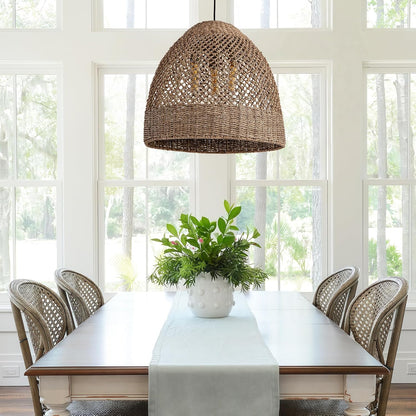 19" Rattan Pendant Light,Hand-Woven Rustic Wicker Hanging Light 3-Light Seagrass Ceiling Chandelier Oval Water Plants Rattan Chandelier for Dining Living Bedroom Kitchen Farmhouse
