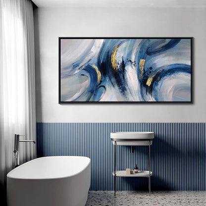 Abstract Line Art Framed Canvas - Modern Blue and Grey, Large 24x48 Inches, Minimalist Bedroom & Living Room Art, Ready to Hang