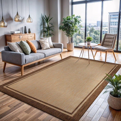 CAMILSON Outdoor Rug 9x12 Bordered Natural Brown Modern Area Rugs for Indoor and Outdoor Patios, Kitchen and Hallway Mats, Washable Porch Deck Outside Carpet (Border Jute, 9 x 12)