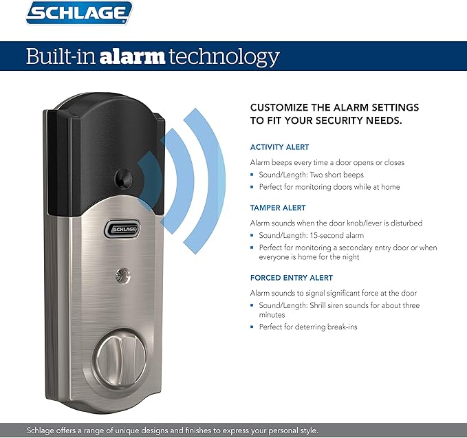 SCHLAGE BE469ZP CAM 622 Connect Smart Deadbolt with alarm with Camelot Trim in Matte Black, Z-Wave Plus enabled
