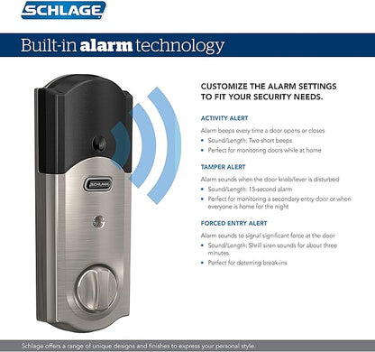 SCHLAGE BE469ZP CAM 622 Connect Smart Deadbolt with alarm with Camelot Trim in Matte Black, Z-Wave Plus enabled