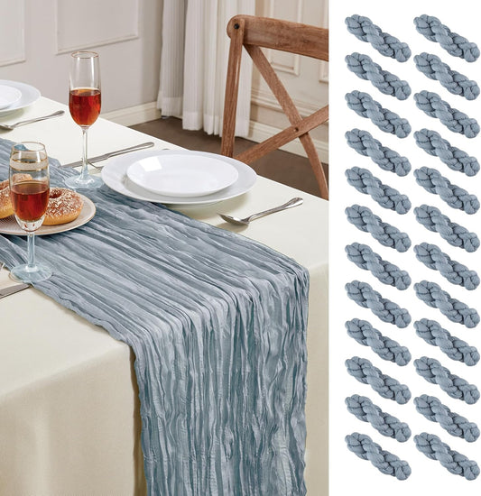 24 Pack Dusty Blue Cheesecloth Table Runner 10FT Long Boho Gauze Table Runner Rustic Sheer Runner for Wedding Bridal Baby Shower Birthday Party Table Decor Thanksgiving Christmas Decorations