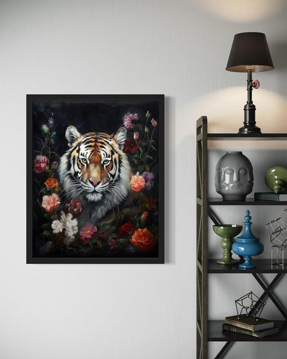 Tiger and Flower Poster Art Print, Halloween Scary Vintage Wall Art Academia Spooky Painting Decoration for Horror Prints, Gothic Posters Bedroom Decor 89 (Tiger and Flower, 8 x 10 inches, Black Frame)