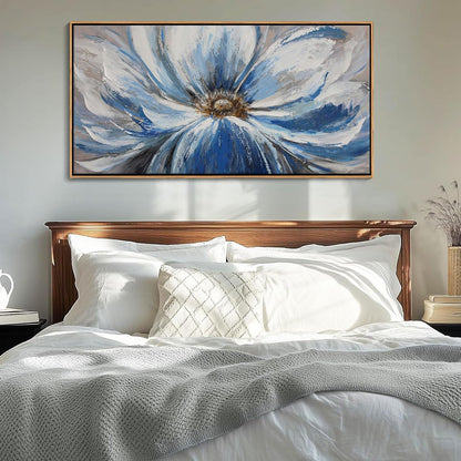Blue Wall Art for Living Room Large White Flower Picture Wall Decor Canvas Art Wall Artwork Pictures for Bedroom Wall Decor Size 24x48(With Soild Wood Dark Framed)