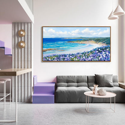 Mofutinpo Coastal Beach Wall Art,Large Purple Flower Landscape Canvas Wall Art for Living Room & Bedroom Decor, Framed Blue Beach Pictures & Paintings for Walls,Ocean Artwork for Home & Office 24x48IN