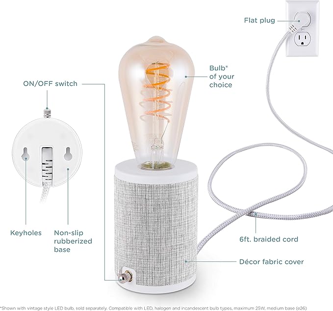 Enbrighten, Gray, Anywhere Lamp, 6 Ft Braided Cord, Flat Plug, Tabletop or Wall Mount, Designer Fabric Base, Bulb Not Included, 46177