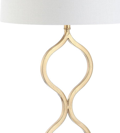 JONATHAN Y 31.5" Gold Curved Metal and Crystal Table Lamp, Modern Glam Bedside Lamp with White Linen Drum Shade for Living Room and Bedroom, LED Bulb Included JYL3028A