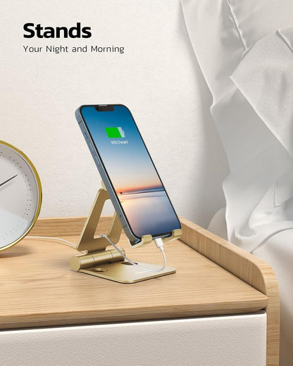 Nulaxy Dual Folding Cell Phone Stand, Fully Adjustable Foldable Desktop Phone Holder Cradle Dock Compatible with Phone 16 15 14 13 12 11 Pro Xs Xs Max Xr X 8, Nintendo Switch, All Phones - Gold