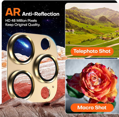 Camera Lens Protector for iPhone 16 Pro Max/16 Pro/15 Pro Max/15 Pro/14 Pro Max/14 Pro, Aluminum Alloy Sapphire Glass Camera Screen Cover, Case Friendly- Gold