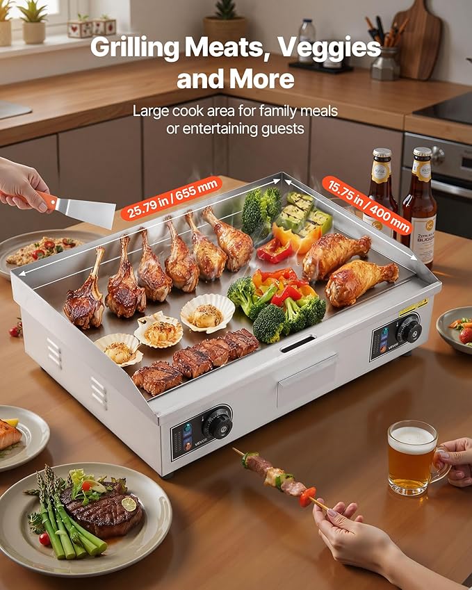 VEVOR Commercial Electric Griddle, 25.79 x 15.75 inch, 2800W, 122-570°F Adjustable Temp Control, Stainless Steel Body, Full Flat, with 2 Spatulas, 2 Brushes, and 4 Foot Pads, for Steak(NO PLUG)