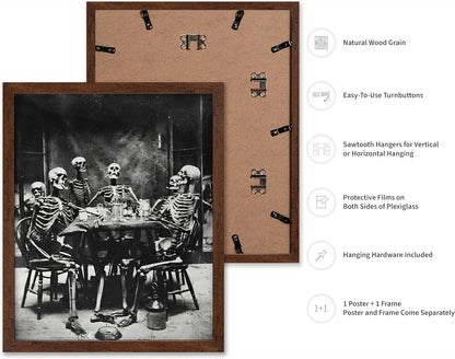 Poster Master Vintage Photograph Poster - Retro Daguerreotype Print - Gift for Artist, Friend - Skeletons Smoking at Table, Dinner Party, Goth - Wall Decor for Home, Dorm, 8x10 Brown Framed