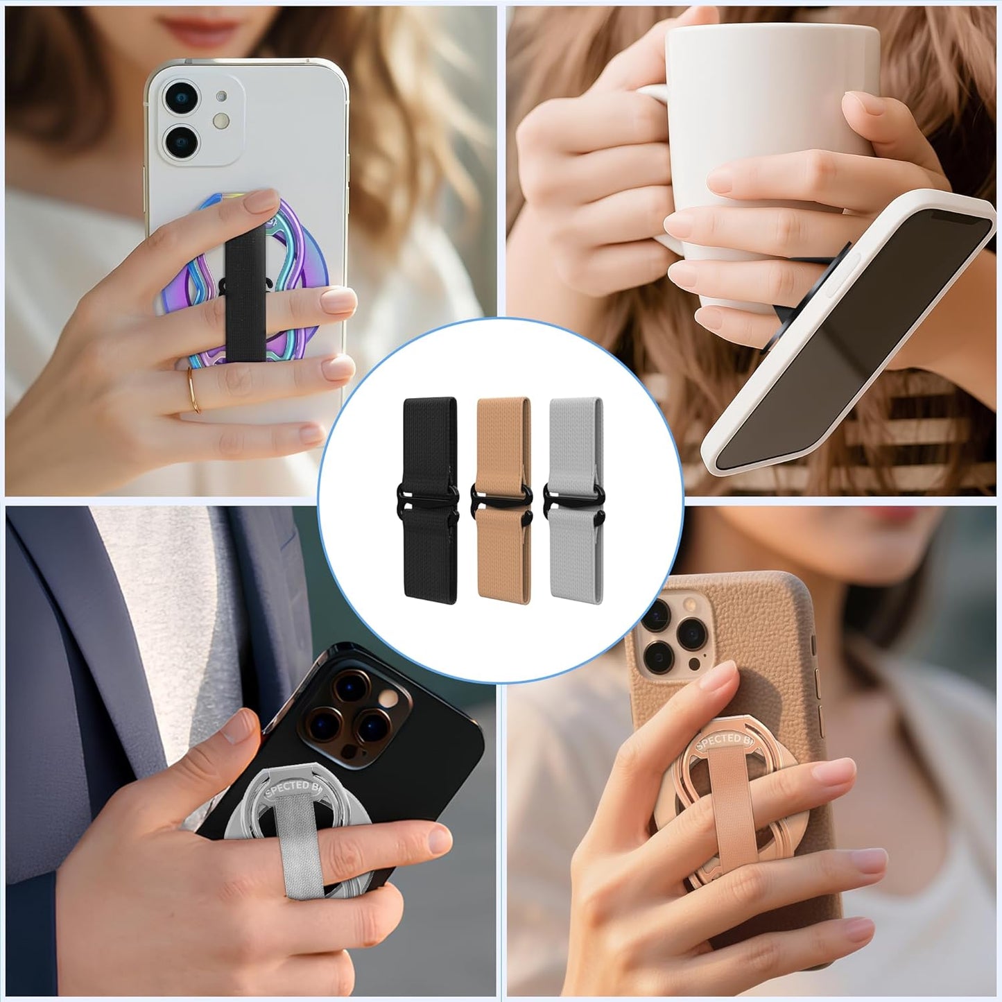 RESPECTED-BRO-3-PCS-Elastic-Strap for Magnetic Phone Grip Stand with Finger Strap, 4-in-1 Magnetic Ring Holder, Kickstand and Elastic Strap for Smartphones (Silver)