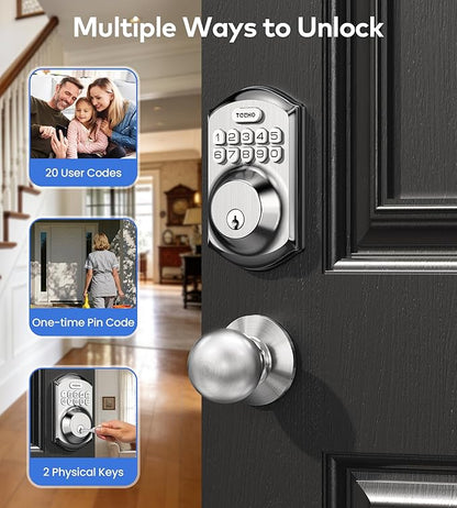 TEEHO TE001K Keyless Entry Door Lock with Handle, Electronic Keypad Deadbolt with 2 Knobs, High-Security Front Door Handle Set for Home & Rental, Smart Auto-Locking, Easy Install, Satin Nickel