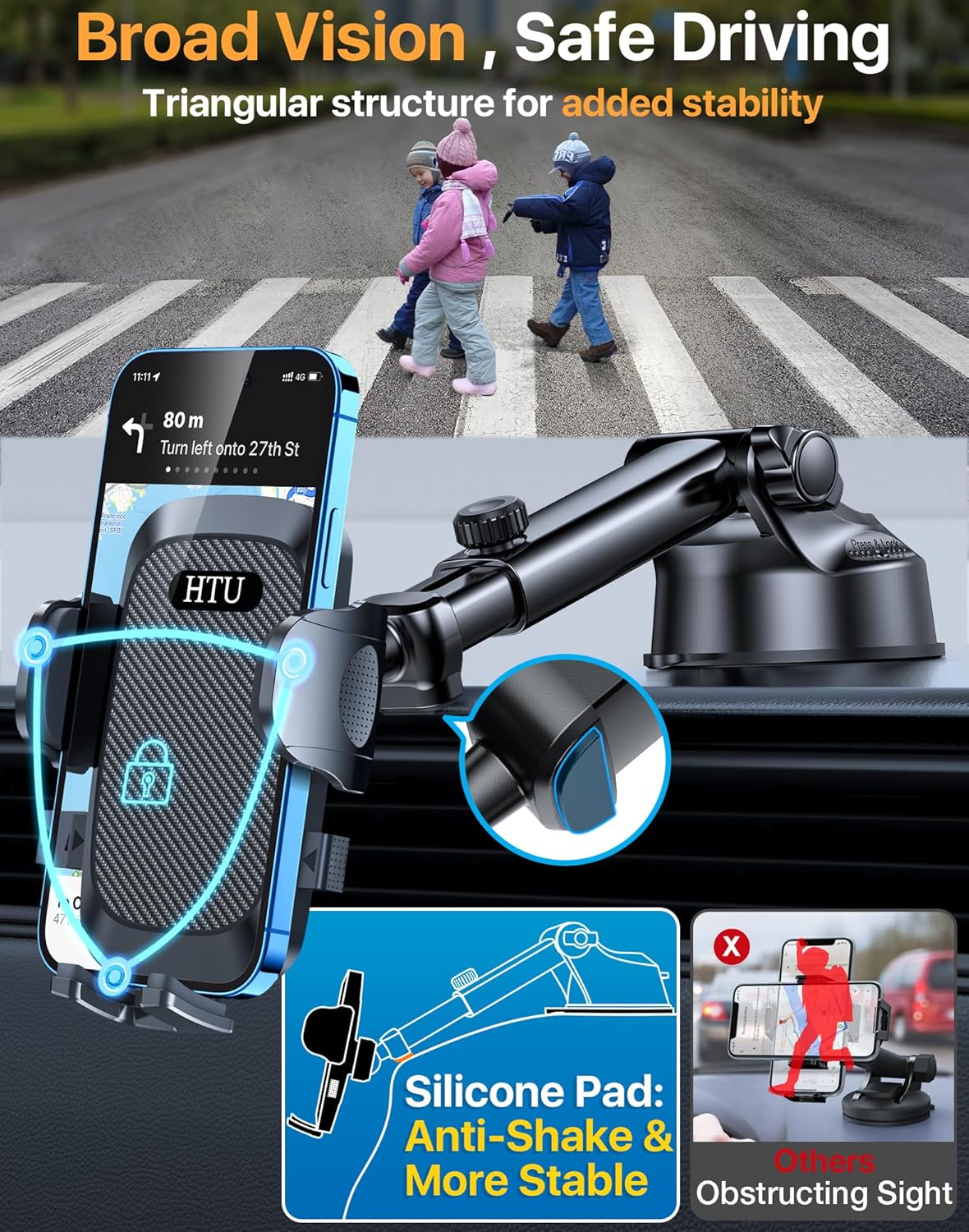 HTU [True Military-Grade] 2025 Upgraded Car Phone Holder 【Safety Certs & No Smell】 Cell Phone Holder for Car Mount for Dashboard Windshield Air Vent Long Arm Thick Case,Black