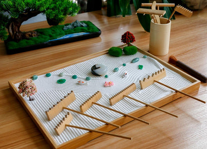 Zen Garden Tools Kit Accessories - Japanese Zen Garden Decor Zen Rake Set Mini Bamboo Rock Sand Garden Rakes Japan Zen Gift w/Healing Stone Bonsai Tree Home Office Yoga Meditation Room Zen Decor