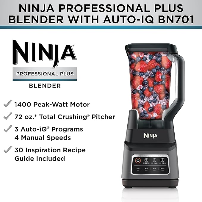 Ninja Professional Plus Blender | Max Power Smoothie Blender, Ice Cream Maker, Frozen Drink Mixer & Margarita Machine | 3 Auto IQ™ Presets, 1400 W, 72oz Total Crushing Pitcher | Dark Grey, BN701