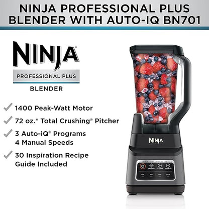 Ninja Professional Plus Blender | Max Power Smoothie Blender, Ice Cream Maker, Frozen Drink Mixer & Margarita Machine | 3 Auto IQ™ Presets, 1400 W, 72oz Total Crushing Pitcher | Dark Grey, BN701