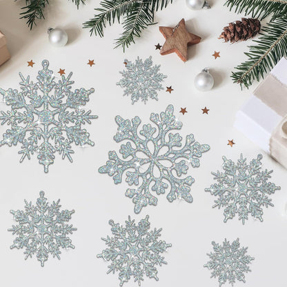 36pcs Iridescent Silver Christmas Snowflake Ornaments, Plastic Sparkling Glitter Hanging Snow Flakes for Christmas Tree Decorations Winter Wonderland Frozen Birthday Party Holiday Home Decor
