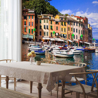 artgeist Wall Mural Peel and Stick Architecture 212x98 in - XXL Self-Adhesive Corner Wallpaper Removable Large Sticker Foil Angle Wallpaper Wall Decor Print City Lake Boat Like Painted d-B-0297-a-a