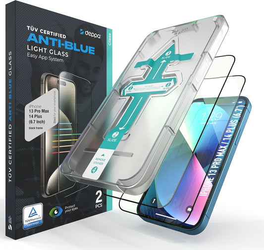 Deppa |2 Pack| Anti-Blue Light Screen Protector for iPhone 14 Plus/13 Pro Max (6.7') | Scratch Resistant Tempered Glass | 3D Edge to Edge Coverage | Easy Installation Kit | Eye Safeguard TÜV Certified