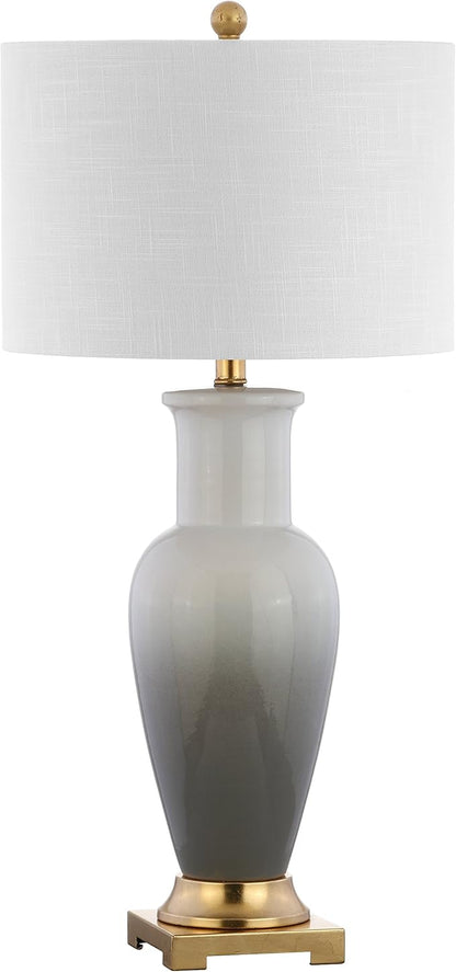 JONATHAN Y 31.5" White/Gray Dip Dye Ceramic Table Lamp for Living Room, Large Bedside Lamp for Bedroom with White Linen Drum Shade, Traditional End Table Light, LED Bulb (JYL3017B)