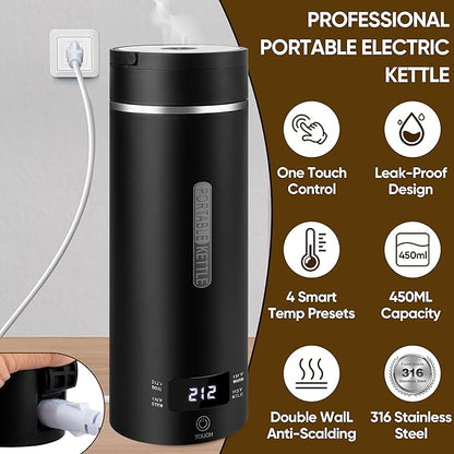 Travel Electric Kettle Portable Small Hot Water Boiling Tea Coffee Warmer Heater 450ML, 316 Stainless Steel, 4 Temperature Presets LCD Display Fast Boiler & Auto Shut-Off & Boil Dry Protection (Black)