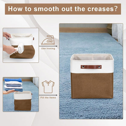 Collapsible Fabric Storage Cubes 11x11 Cube Storage Bins, 4 Pack Closet Baskets Box with Handles for Organizing, Shelf, Toys, Clothes, Home, Office, Nursery (Brown&White)