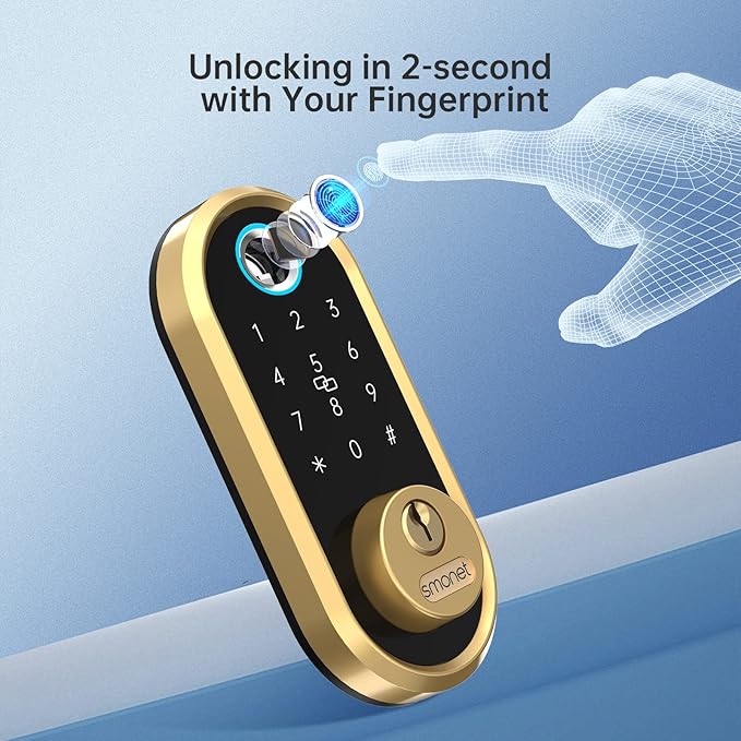 Smart Lock SMONET Bluetooth Keyless Entry Keypad Smart Deadbolt-Fingerprint Electronic Deadbolt Lock, Remote Ekeys Sharing, Easy to Install for Homes and Hotel Works with Alexa(Gateway Not Included)
