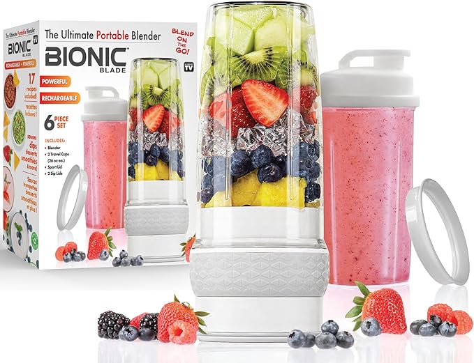 Bionic Blade Personal Portable Blender 26.5 oz with Extra Shaker & Lid, Cordless & Rechargeable, Airtight Mini Blender for Smoothies, Shakes, Juices & Sauces, White, As Seen on TV