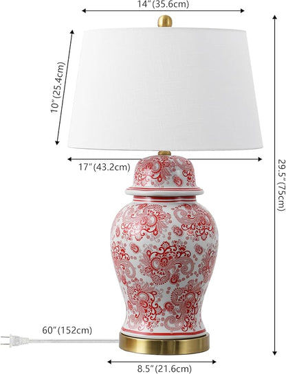 JONATHAN Y 29.5" Red/White Ceramic Table Lamp for Living Room and Office, White Linen Drum Shade, Traditional Chinoiserie Ginger Jar Lamp, LED Bulb Included (JYL3008C)