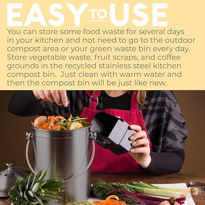 EPICA Countertop Compost Bin Kitchen | 1.3 Gallon | Odorless Composting Bin with Carbon Filters | Indoor Compost Bin with Lid | Stainless Steel Kitchen Composter for Food Scraps & Waste Recycling