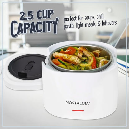 Nostalgia Portable 20-Ounce Electric Heated Lunch Box – Travel Size 2.5 Cup Capacity for Soup, Chili, and Leftovers – Leak Proof Silicone Sealed Lid, Foldable Carry Handle, Detachable Cord – White