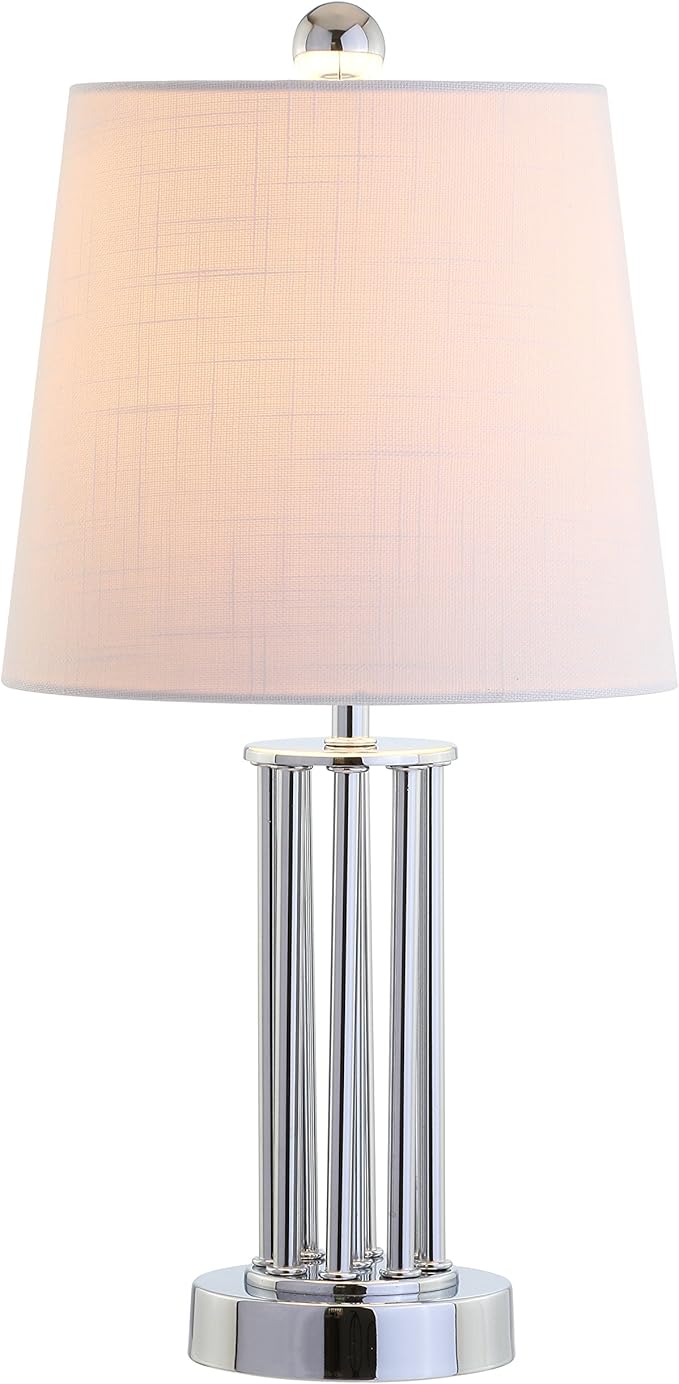 JONATHAN Y 18" Chrome Lillian Metal Mini LED Table Lamp, Modern Transitional Tri-Pillar Iron Bedside Lamp for Living Room Bedroom, White Linen Shade, LED Bulb Included JYL2025A