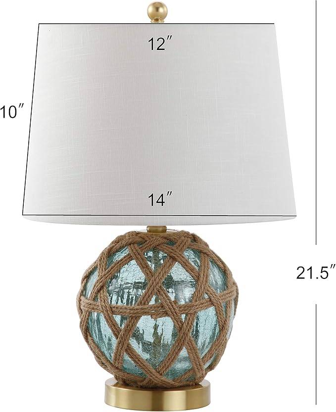 JONATHAN Y 21.5" Aqua Glass and Brown Rope Nautical Table Lamp, Coastal Transitional Bedside Lamp with White Linen Drum Shade for Living Room, LED Bulb Included JYL1085A