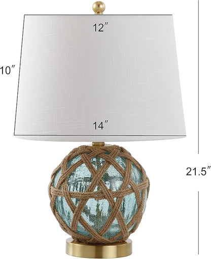 JONATHAN Y 21.5" Aqua Glass and Brown Rope Nautical Table Lamp, Coastal Transitional Bedside Lamp with White Linen Drum Shade for Living Room, LED Bulb Included JYL1085A