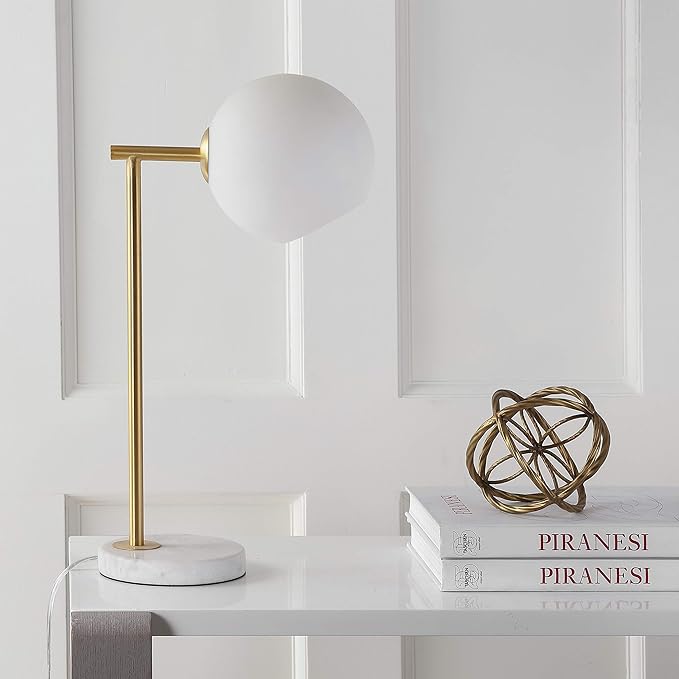 JONATHAN Y 20.5" Gold/White Modern Metal Marble LED Bedside Table Lamp for Bedroom, Frosted Glass Globe Shade, Minimalist Scandinavian Lamp for Living Room JYL1000A