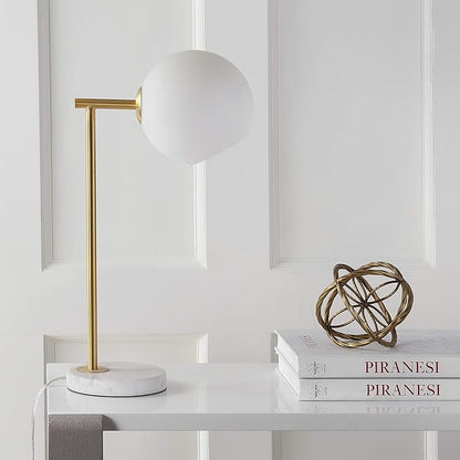 JONATHAN Y 20.5" Gold/White Modern Metal Marble LED Bedside Table Lamp for Bedroom, Frosted Glass Globe Shade, Minimalist Scandinavian Lamp for Living Room JYL1000A