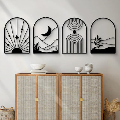 Glamativity 4 Pack Black Abstract Metal Wall Art, Minimalist Décor Single Line Art Wall Décor, 3D Textured Metal Wall Sculptures, for Living Room Bedroom Bathroom Study Room (Black Boho, M Size 17 x 12'')
