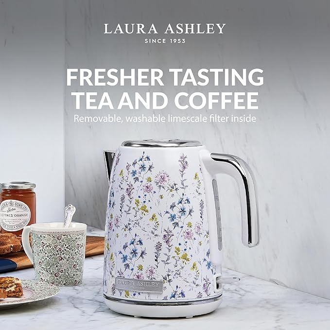 Laura Ashley Stainless Steel Electric Kettle 1.7 Liter - 1500W Rapid Boil Electric Kettles for Boiling Water - Electric Tea Kettles Automatic Shut Off - Overheat & Boil Dry Protection Jug Kettle