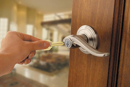 Kwikset Tustin Entry Door Handle with Lock and Key, Secure Keyed Reversible Lever Exterior, For Front Entrance and Bedrooms, Venetian Bronze, Pick Resistant Smartkey Rekey Security and Microban