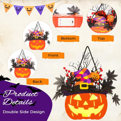 Halloween Pumpkin Decorations, Lighted Jack-O-Lantern with Maple Leaves Berries Witch's Hat, Halloween Wreaths Door Sign Wood Pumpkin for Front Door Indoor Outdoor Yard Party Cartoon Hanger Decor