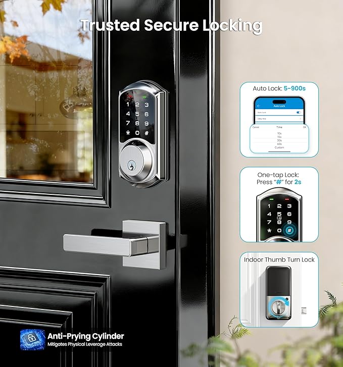 Veise VE06-L Smart Locks with 2 Lever Handle Set, App Control, Keyless Entry Deadbolt for Front Door, Electronic Digital Touchscreen Keypad, Auto Lock, Waterproof, Easy Installation, Satin Nickel