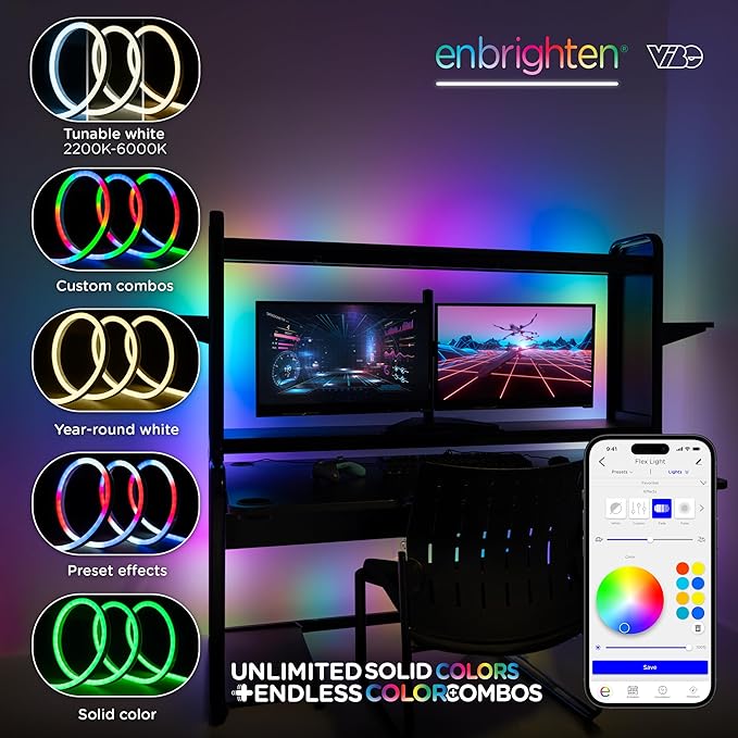 Enbrighten Vibe Spectrum LED Neon Rope Lights, Indoor Smart Light, Color Changing RGBWIC LEDs for Bedroom with Tunable White, Alexa & Google Home Compatible, 16ft, White 83254