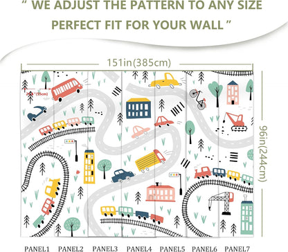 Cartoon Car Roadmap Wall Mural Bus Wallpaper for Kids Room Bedroom Living Room(Not Peel and Stick)