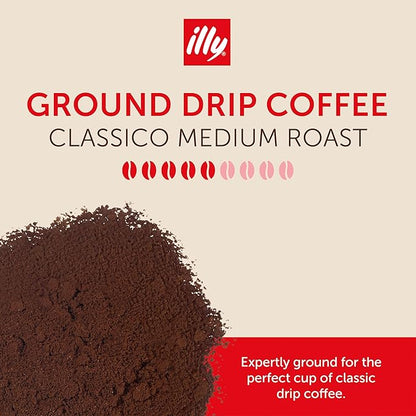 Illy Ground Drip Coffee - Classico Medium Roast - Mild & Balanced - 100% Arabica - Pre-Ground for Drip Pour Over - Pressurized Packaging Sealed for Freshness - 8.8oz (Pack of 6)