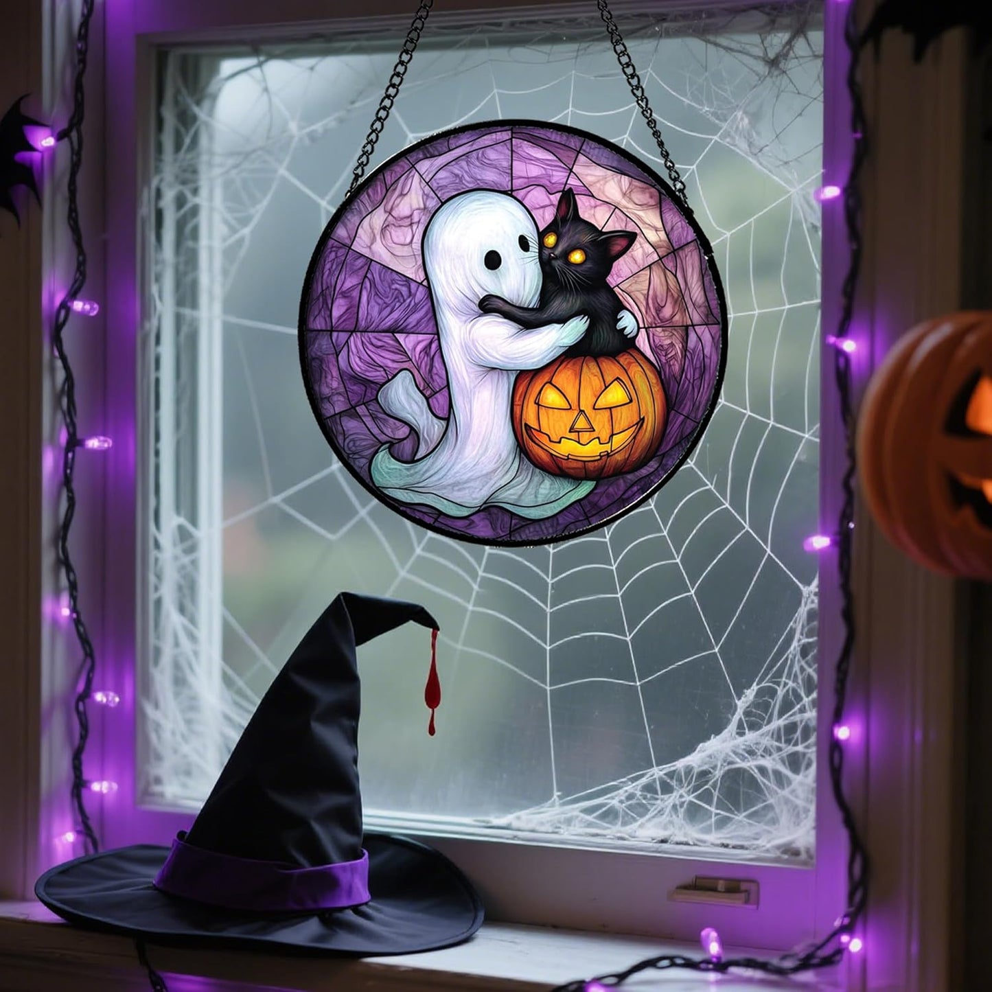 Stained Glass Window Hanging - Halloween Decorations Ghost Black Cat Pumpkin Suncatcher for Door Garden Spooky Purple Sun Catchers Gothic Decor Horror Gifts for Women Men Friend Boy 15 in